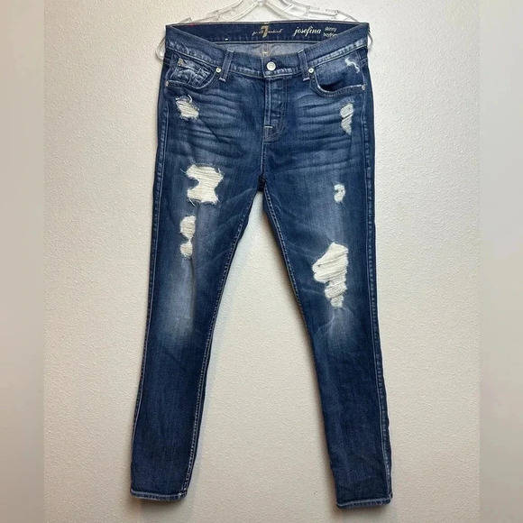 7 For All Mankind Josefina Skinny Boyfriend Jeans Size 26 Dark Wash Distressed - Picture 1 of 13
